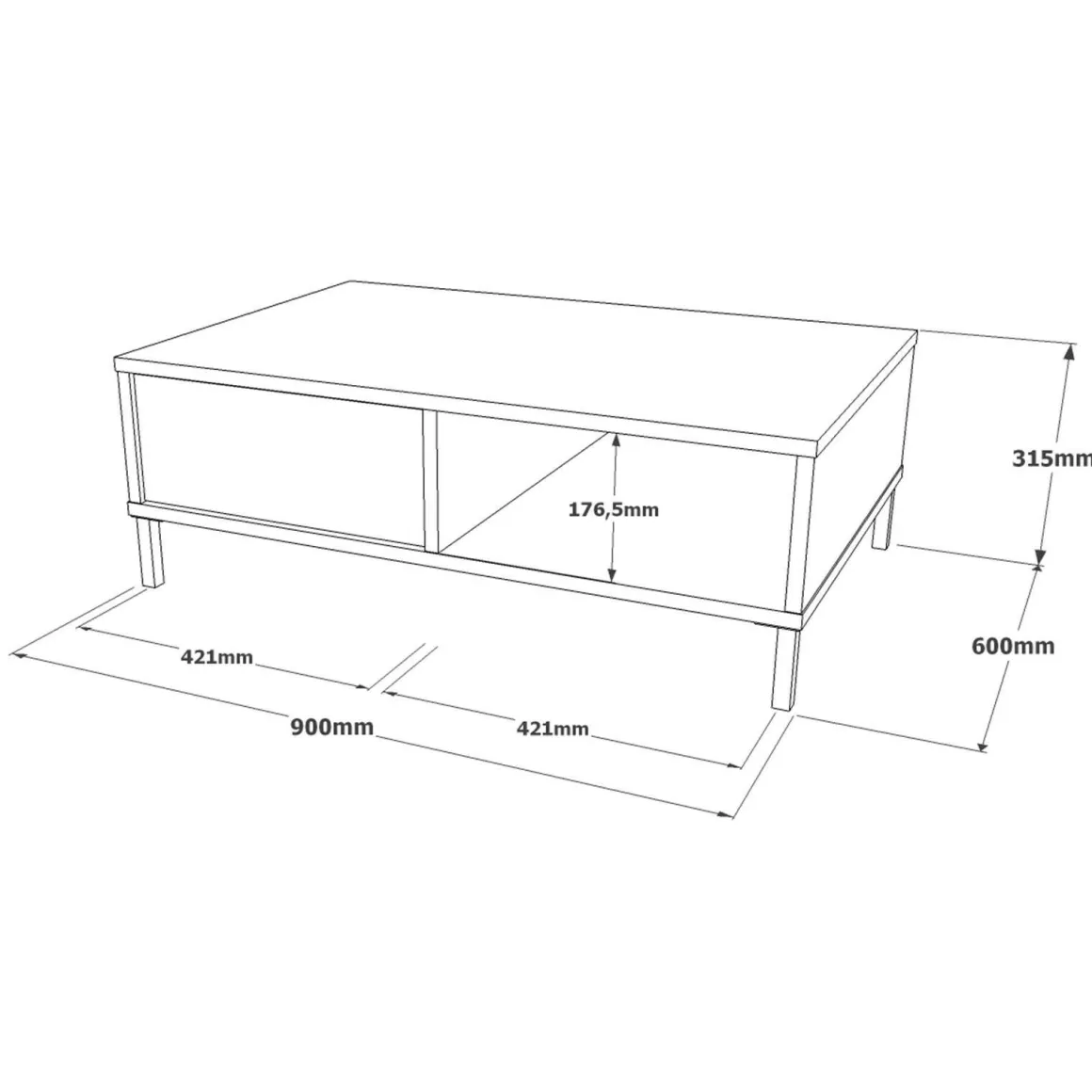 Tavolino soggiorno rettangolare argento e nero 90x60x31h cm con 1 cassetto - Busano