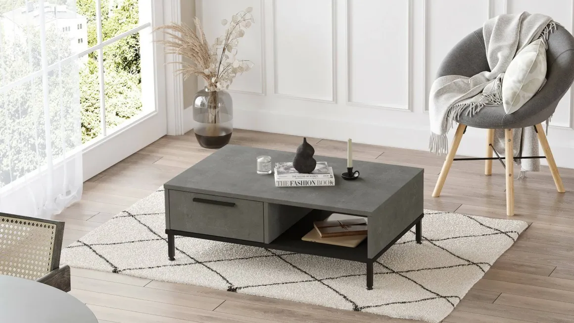 Tavolino soggiorno rettangolare argento e nero 90x60x31h cm con 1 cassetto - Busano