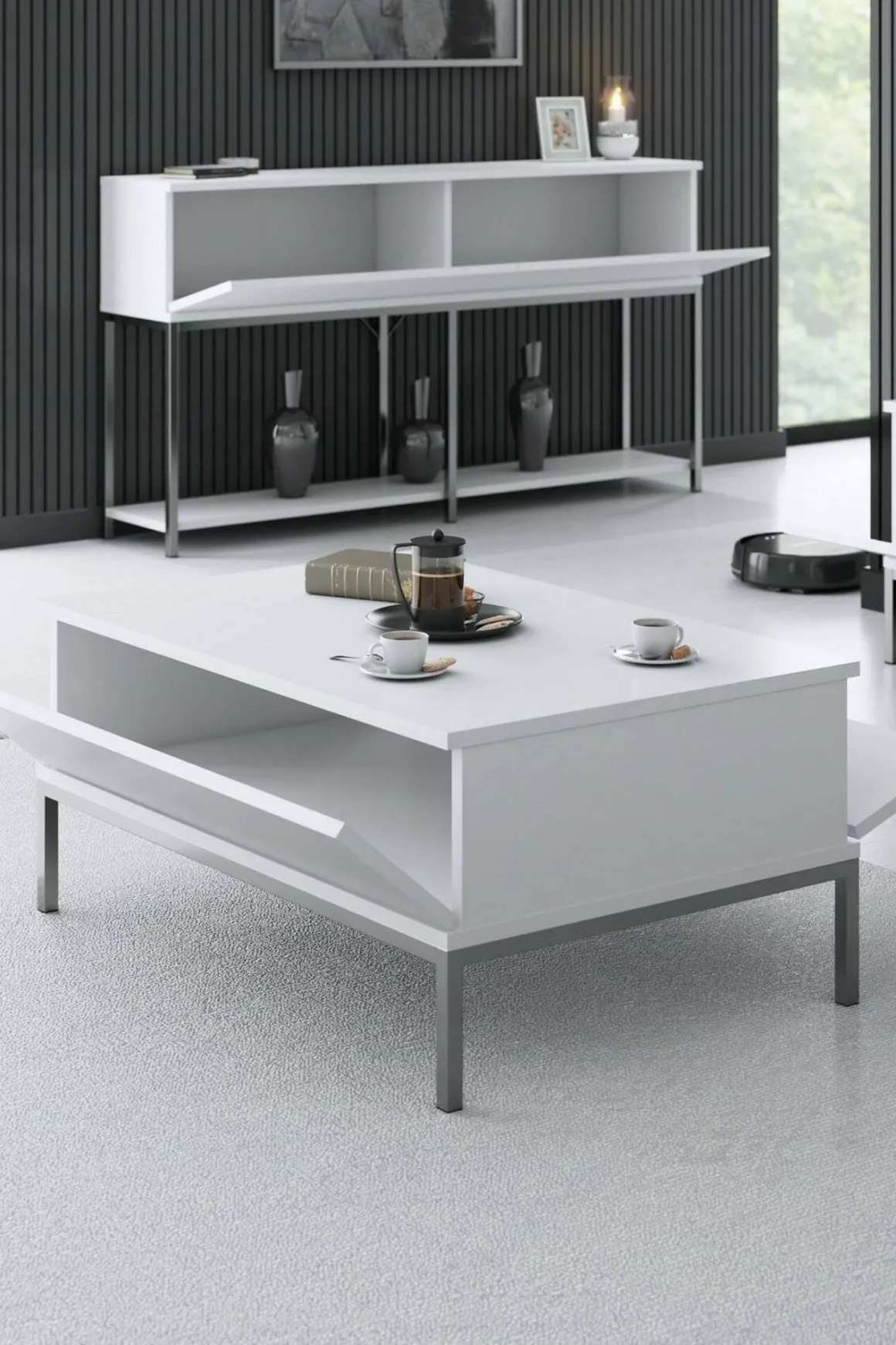 Tavolino soggiorno rettangolare bianco e argento 90x60x40h cm - Vespero