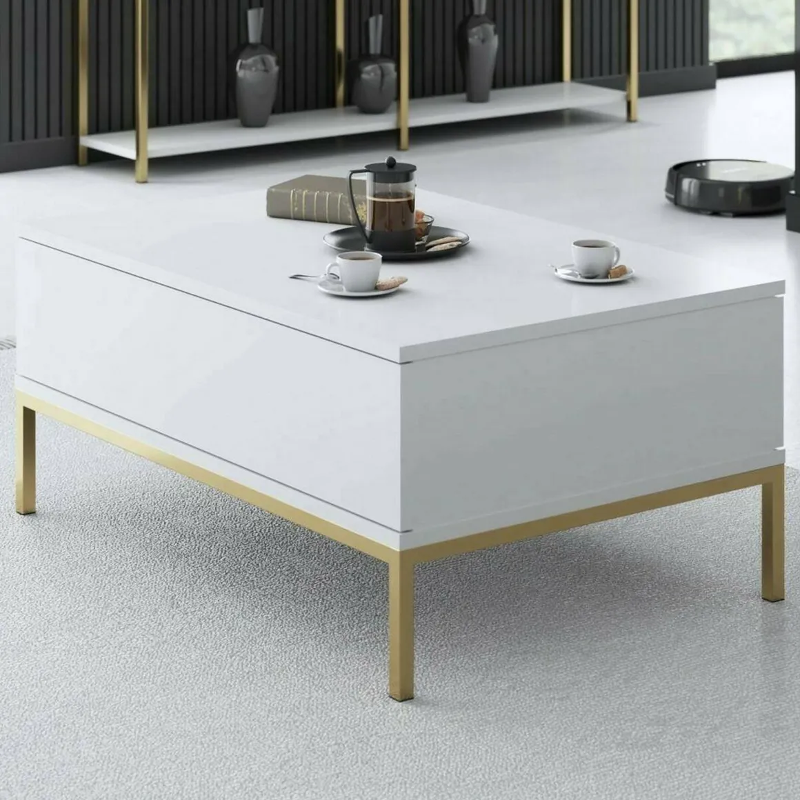 Tavolino soggiorno rettangolare bianco e oro 90x60x40h cm - Vespero