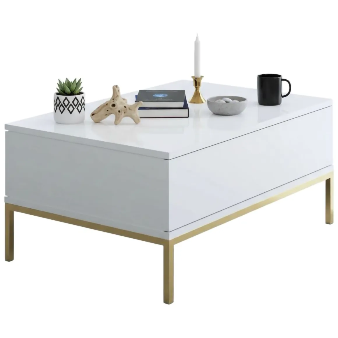 Tavolino soggiorno rettangolare bianco e oro 90x60x40h cm - Vespero