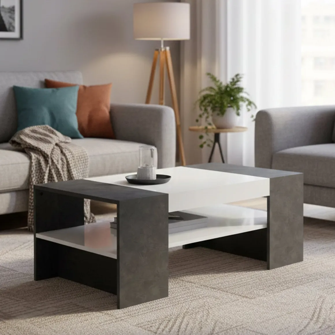 Tavolino soggiorno rettangolare bianco lucido e ardesia 110x60x40h cm - Ashar