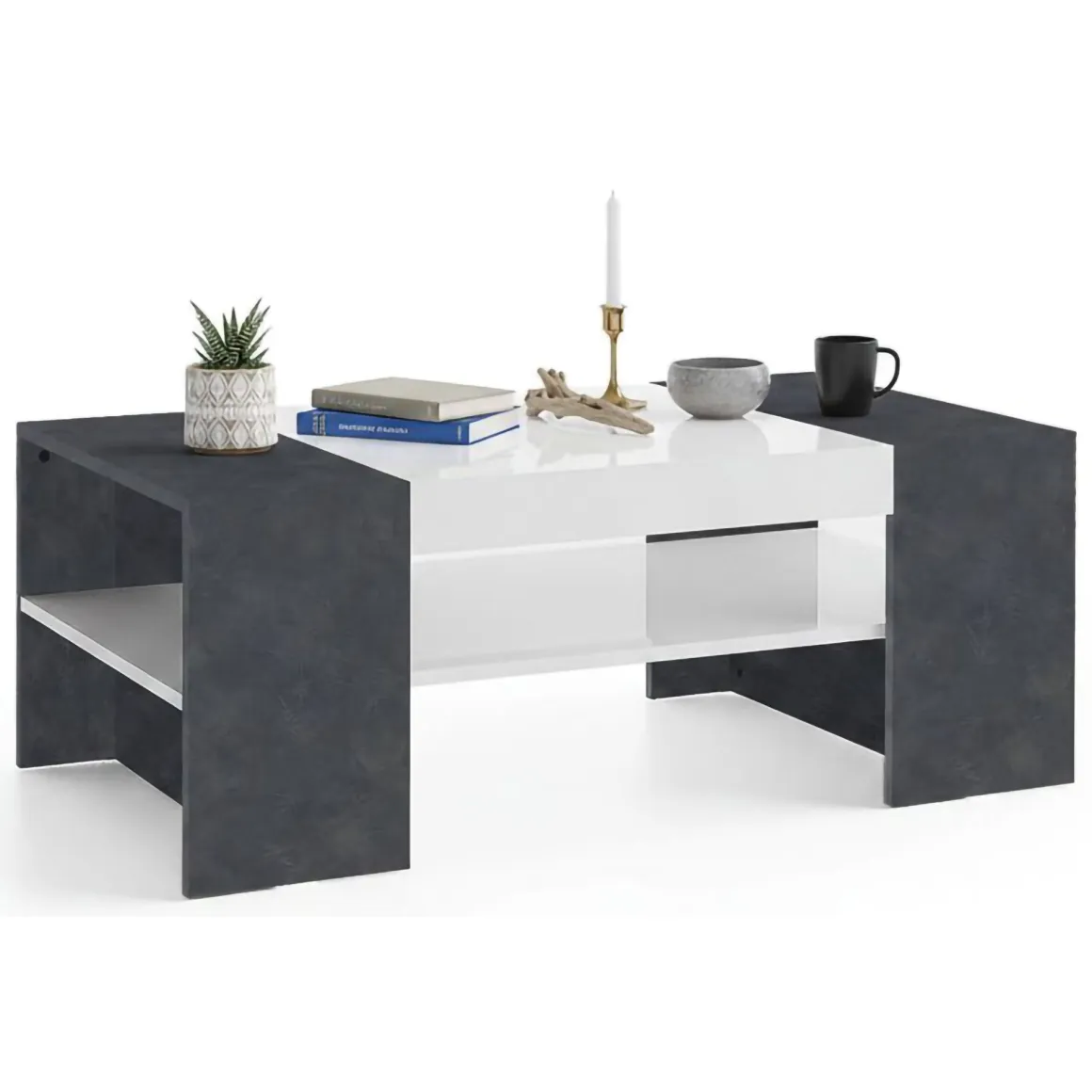 Tavolino soggiorno rettangolare bianco lucido e ardesia 110x60x40h cm - Ashar