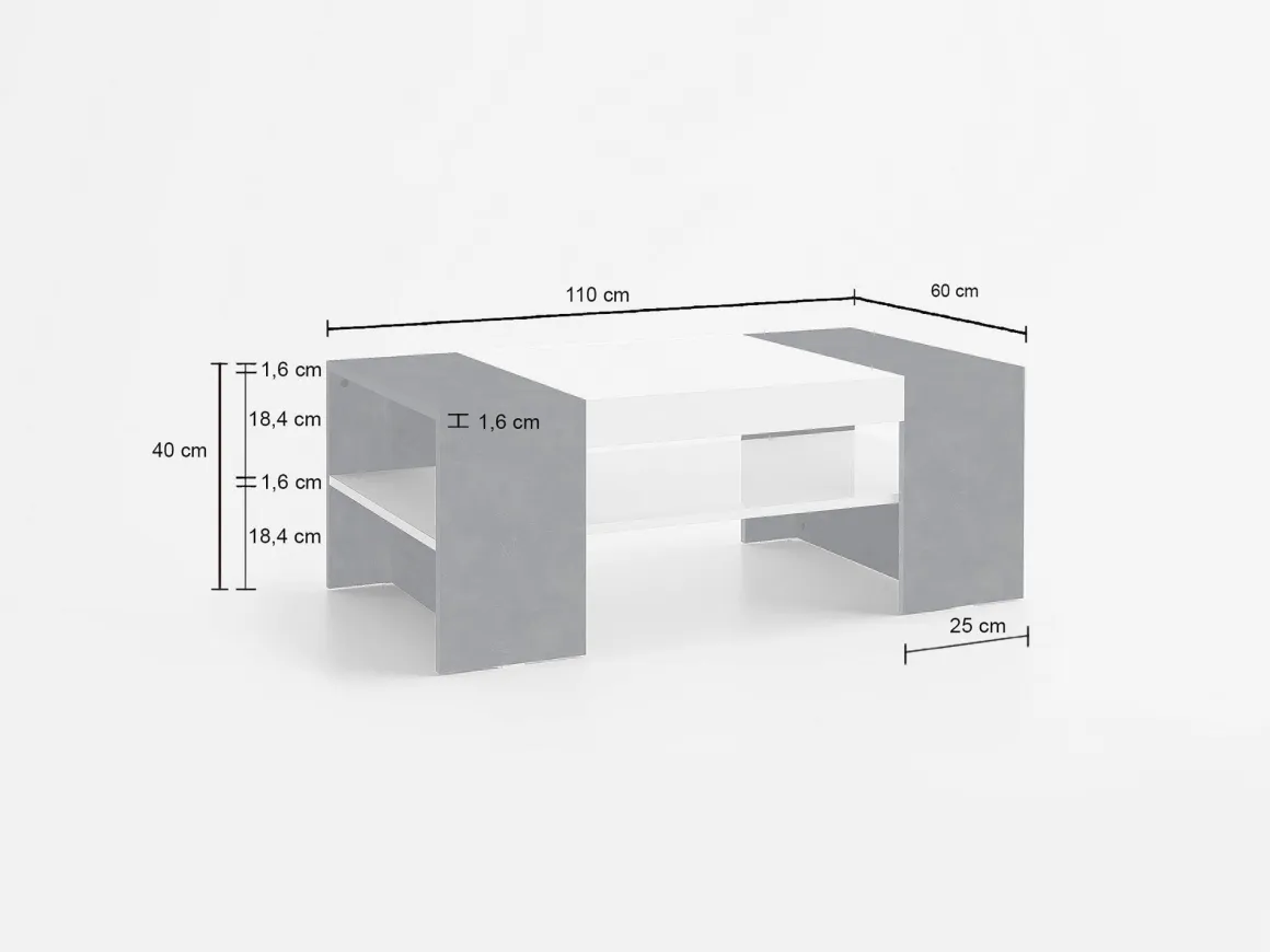 Tavolino soggiorno rettangolare bianco lucido e ardesia 110x60x40h cm - Ashar