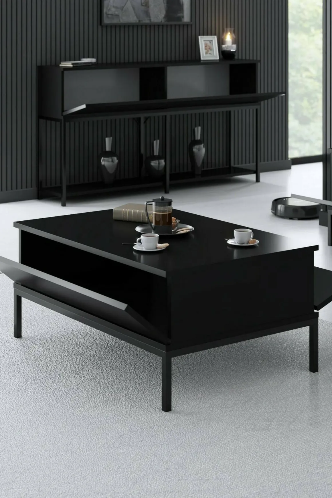 Tavolini Da Salotto|Salotto > Dmora Tavolino soggiorno rettangolare noce e antracite 105x34x60h cm - Mansuk Nero Antracite, Marrone Noce