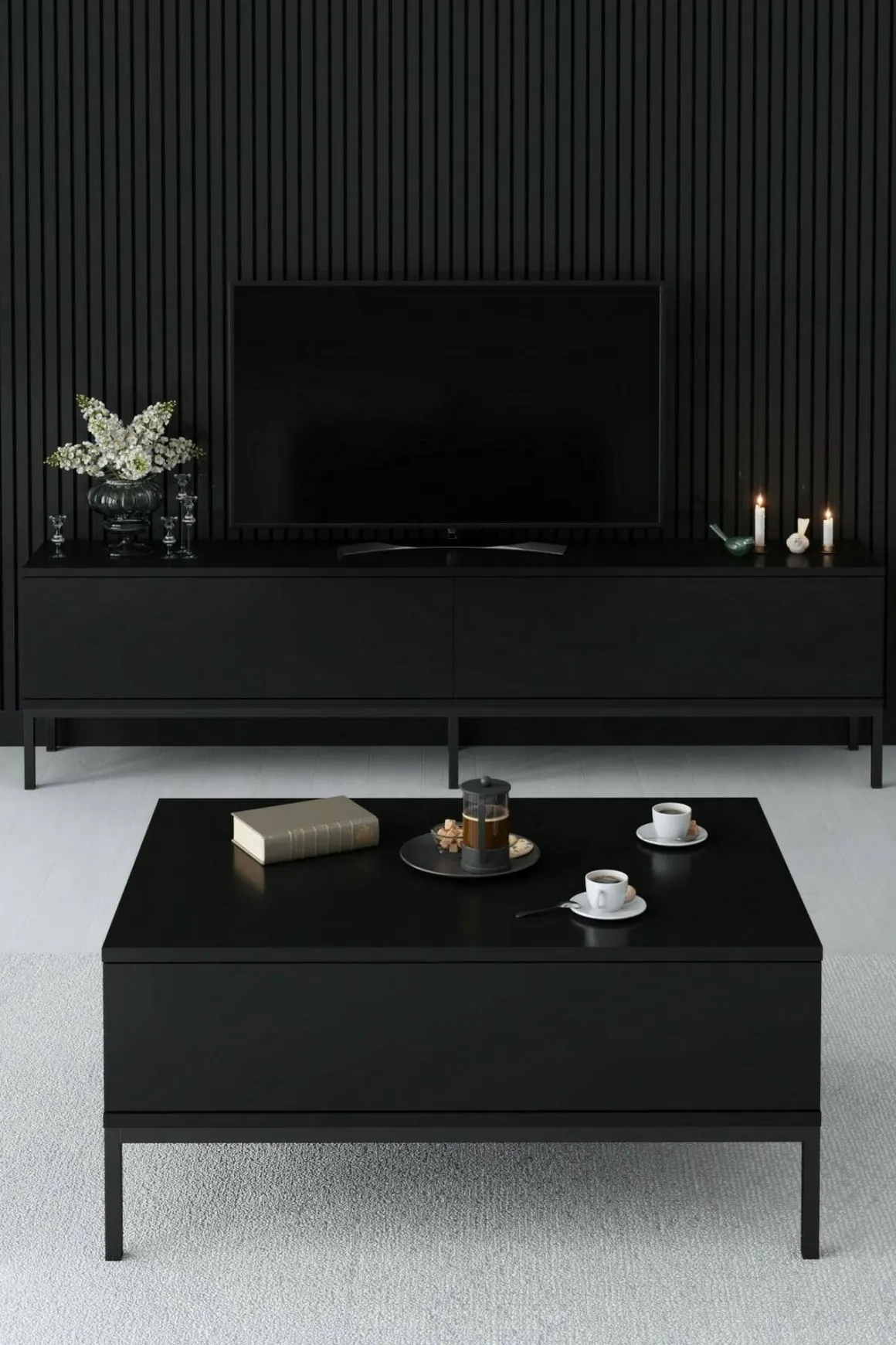 Tavolini Da Salotto|Salotto > Dmora Tavolino soggiorno rettangolare noce e antracite 105x34x60h cm - Mansuk Nero Antracite, Marrone Noce