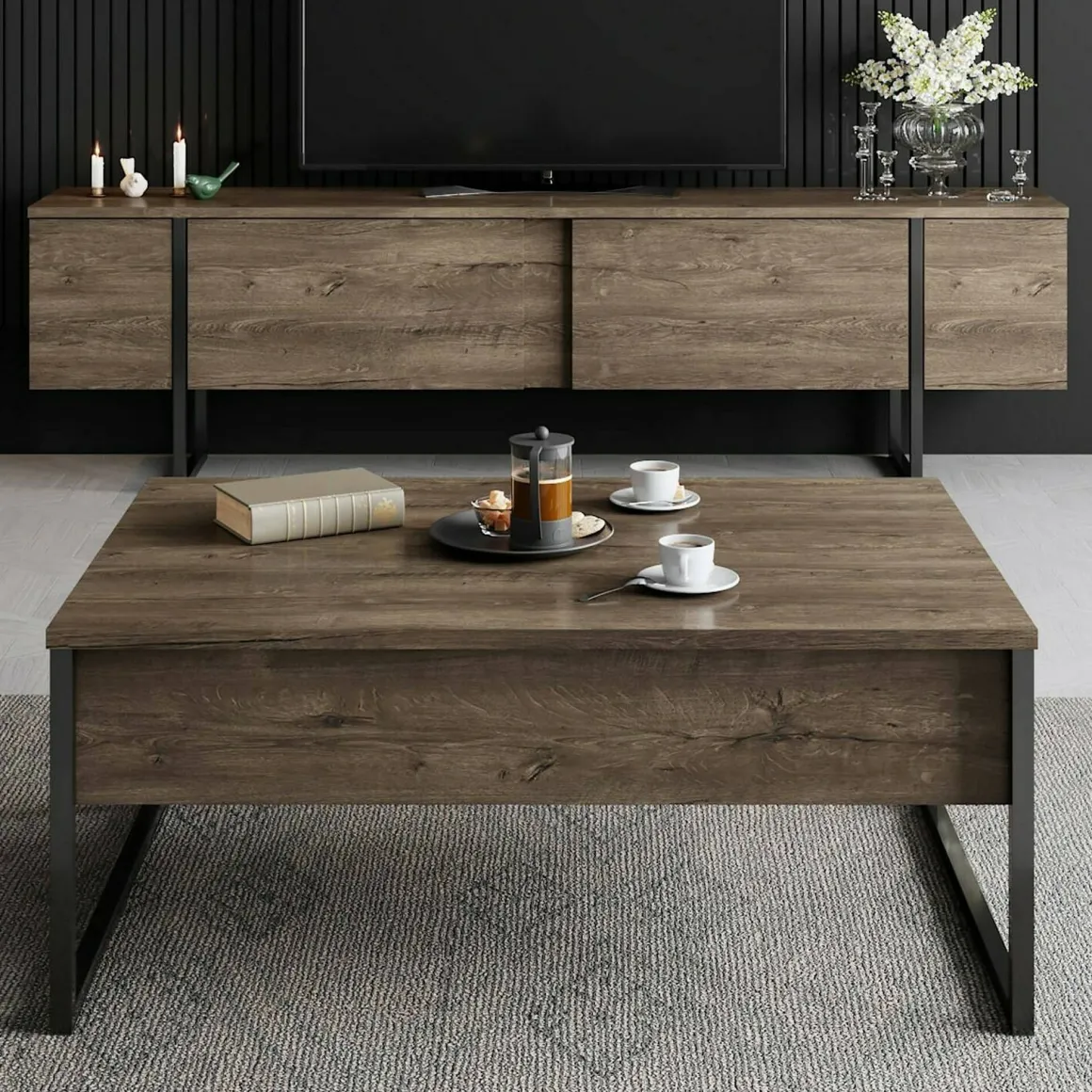 Tavolino soggiorno rettangolare noce e nero 90x60x40h cm - Lavinia