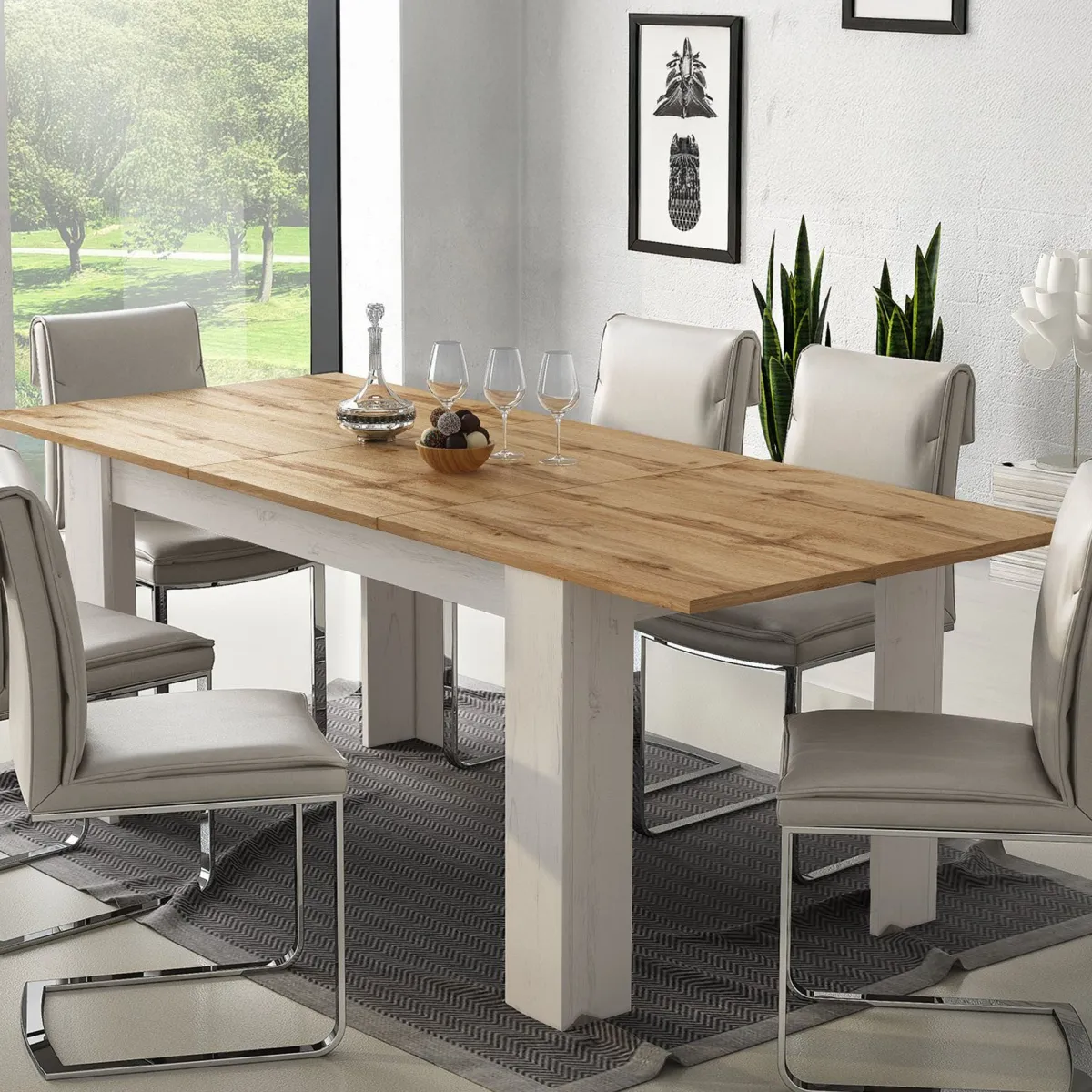Tavoli Allungabili > Dmora Tavolo Allungabile Bianco Marrone Rovere Allungabile Meccanismo Estensione Allunga Centrale 220x90x75h cm - Campora Marrone Rovere, Bianco