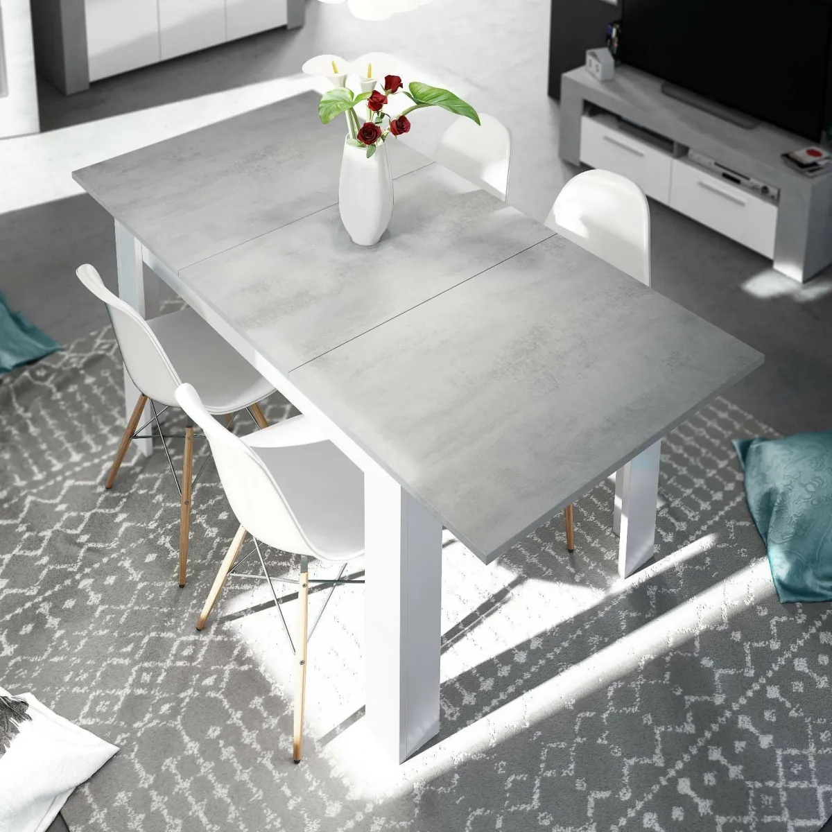 Tavoli Allungabili|Cucina > Dmora Tavolo allungabile minimal 6-8 posti 140/190x90cm cemento e bianco - Abudula Bianco, Grigio Cemento