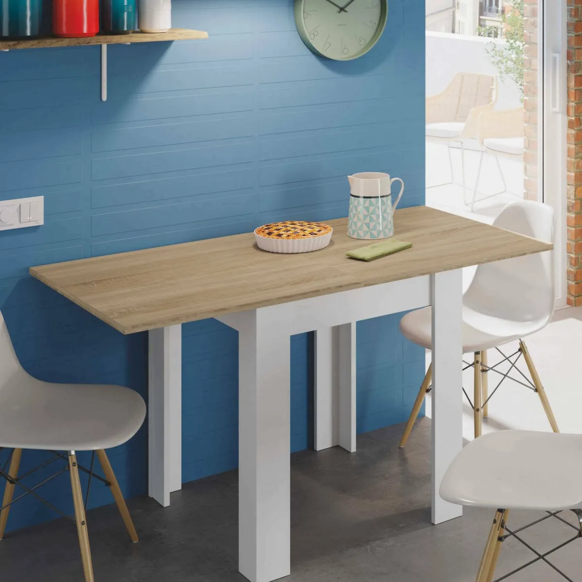 Tavoli Allungabili|Cucina > Dmora Tavolo allungabile salvaspazio 4-6 posti 67x67/135cm bianco e rovere - Aratro Marrone, Bianco Rovere