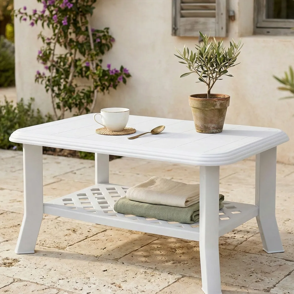 Tavolo da Esterno Bianco 4 Posti Tavolo Tavolino 90x60x46h cm, Forma Rettangolare
