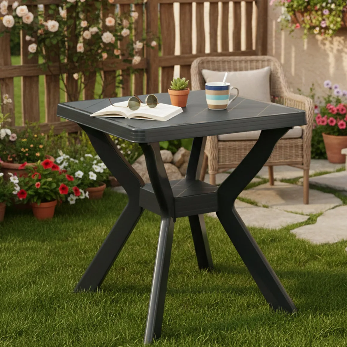 Tavolo da Esterno Nero Antracite 4 Posti Lunghezza Massima 70 cm 70x70x72h cm, Finitura Effetto Quadrettato Made in Italy - Straven