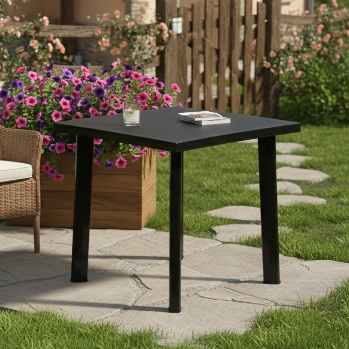 Tavoli Da Esterno > Dmora Tavolo da Esterno 4 Posti Lunghezza Massima 90 cm 90x90x72h cm, Finitura Effetto Quadrettato Made in Italy - Brooksdale Nero Antracite