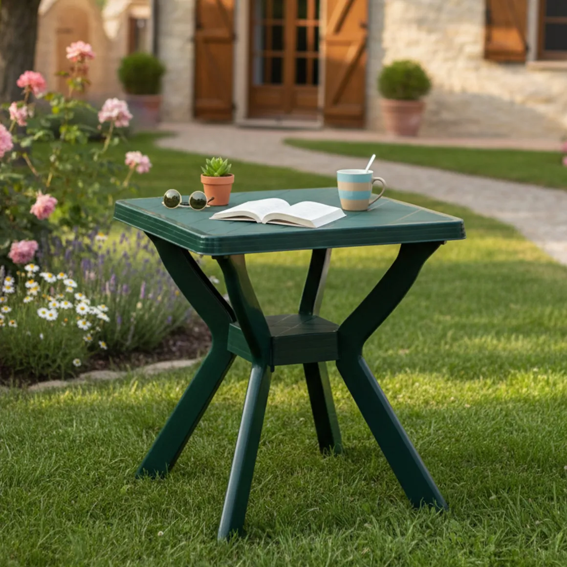 Tavolo da Esterno Verde 4 Posti Tavolo Tavolo Fisso Quadrato 70x70x72h cm, Lunghezza Massima 70 cm Made in Italy - Straven