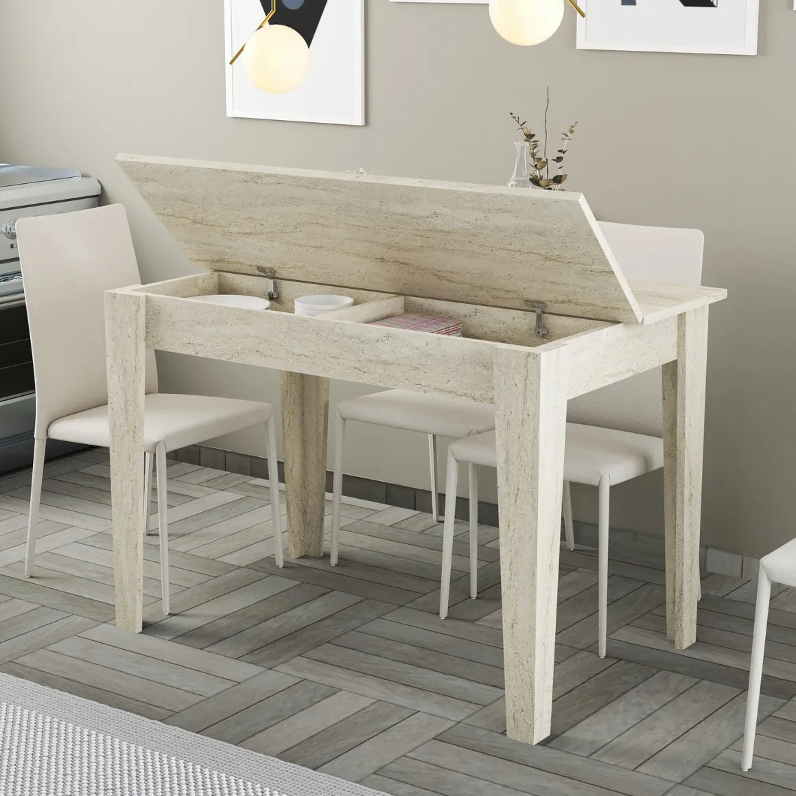 Tavolo Fisso Beige Marmo 6 Posti Forma Rettangolare 110x72x75h cm, Peso Supportato 120 kg - Zane