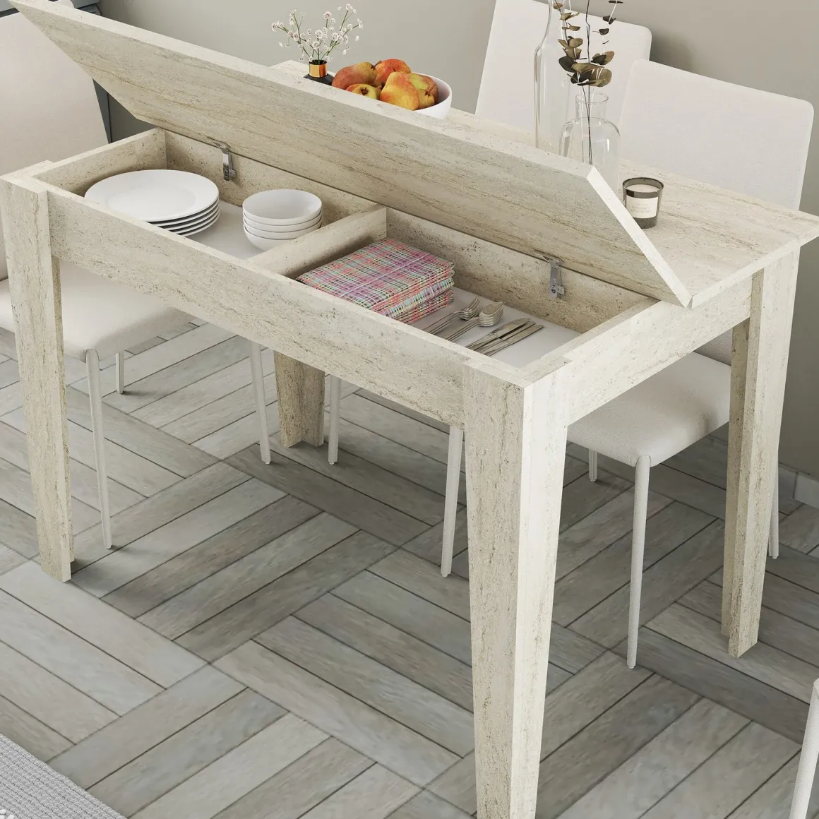Tavolo Fisso Beige Marmo 6 Posti Forma Rettangolare 110x72x75h cm, Peso Supportato 120 kg - Zane