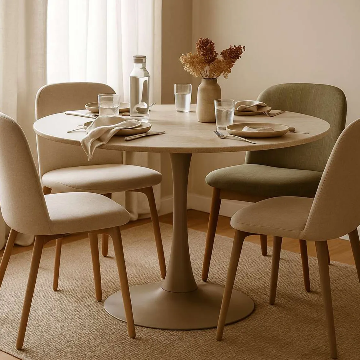Tavolo Fisso Bianco Crema 4 Posti Forma Rotondo 120x120x86h cm, Sfumatura Colore Struttura Crema - Ceduna