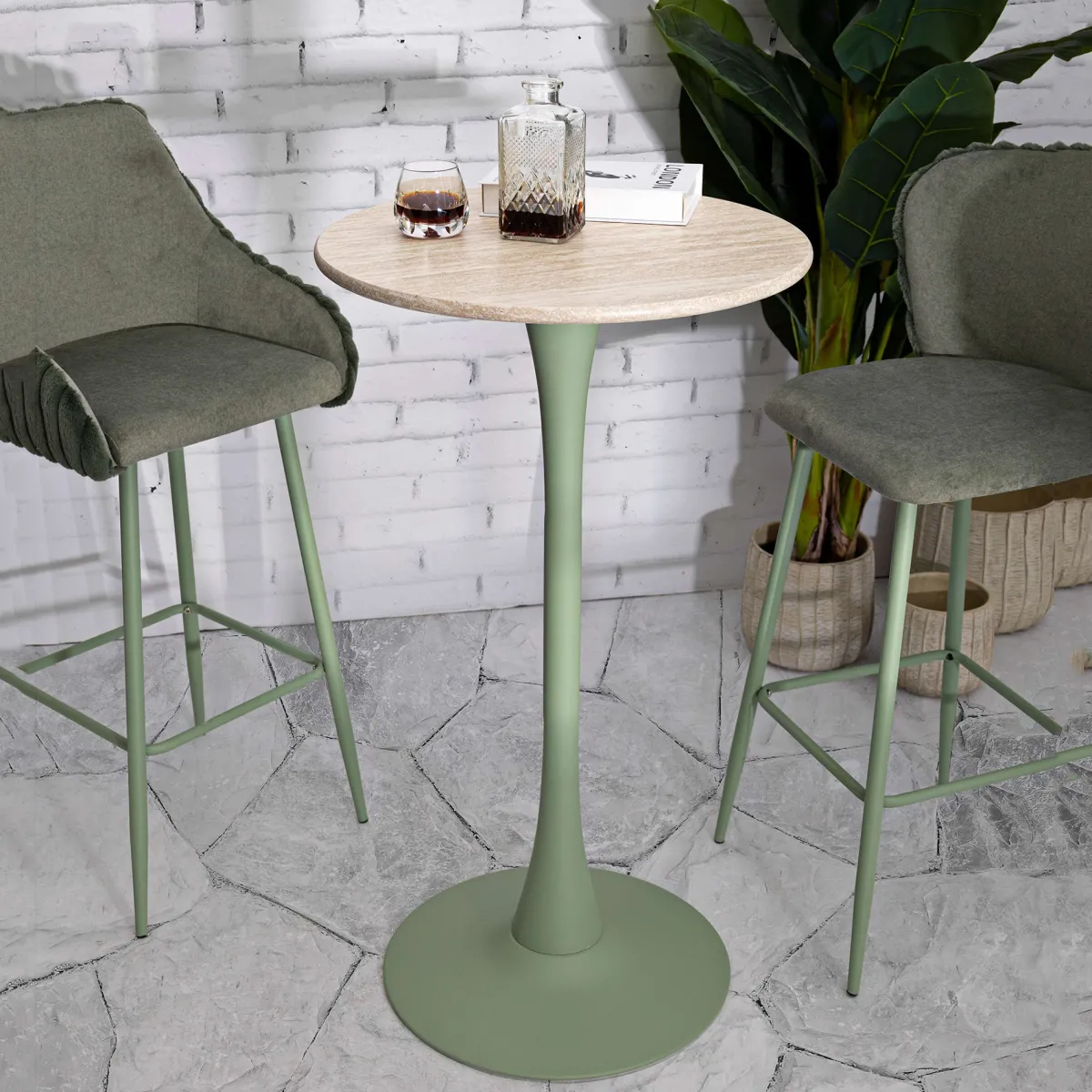 Tavoli Fissi > Dmora Tavolo Fisso Bianco Crema Verde 2 Posti Forma Rotondo 60x60x106h cm, Sfumatura Colore Struttura Crema - Leh Verde, Bianco Crema