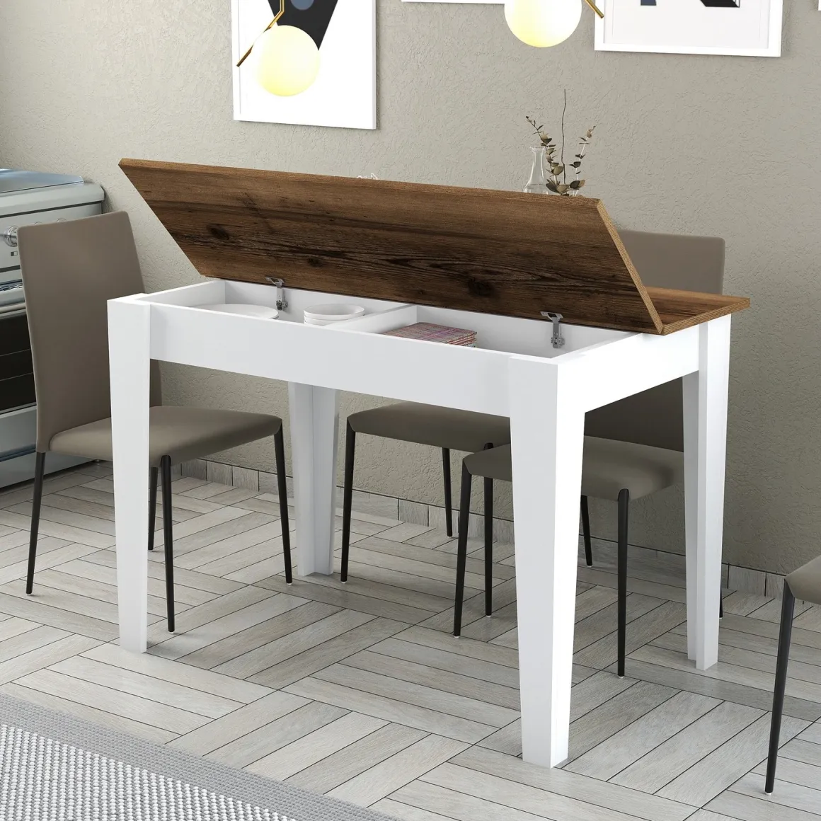 Tavolo Fisso Bianco Marrone 6 Posti Forma Rettangolare 110x72x75h cm, Peso Supportato 120 kg - Zane