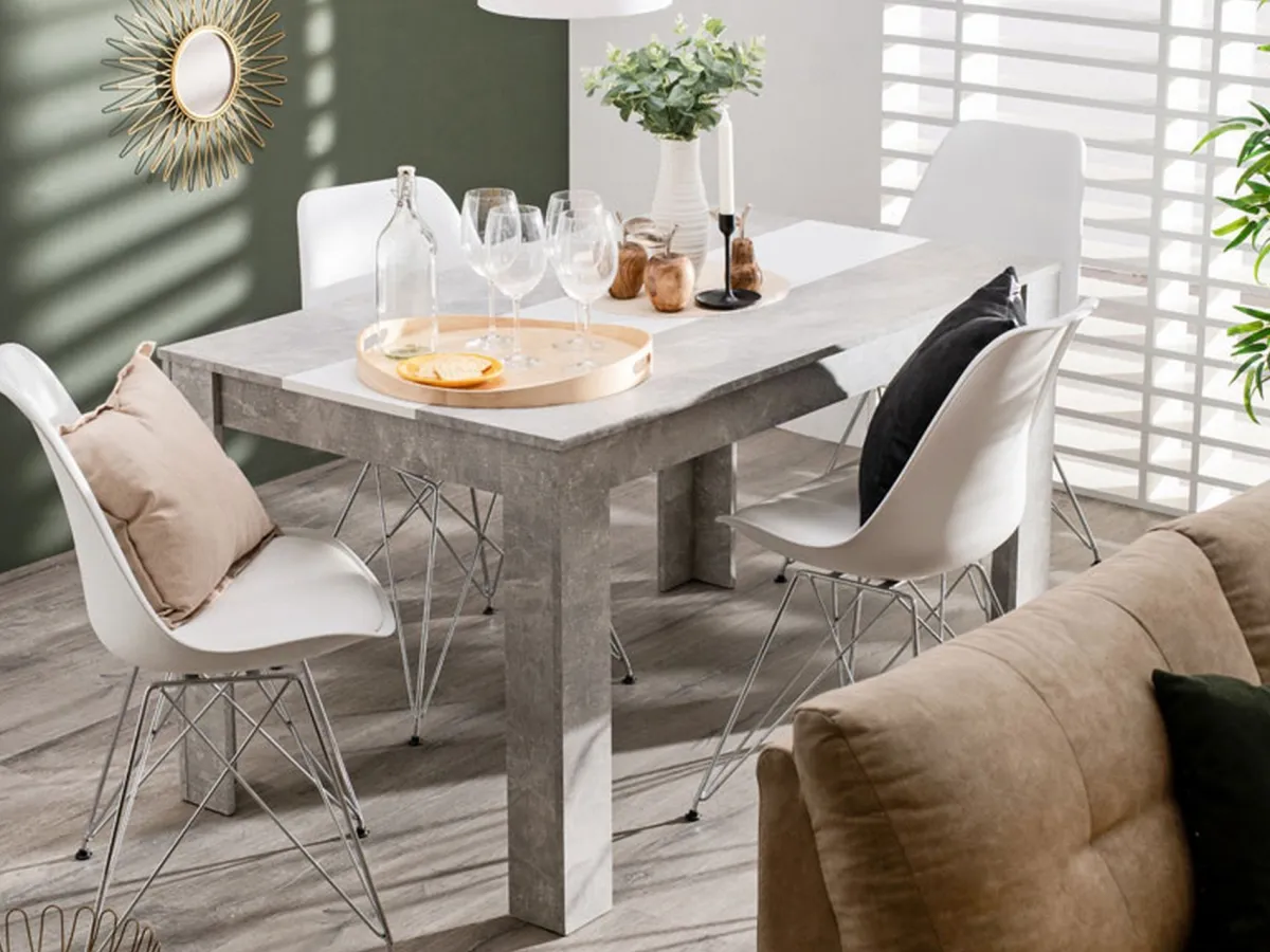 Tavoli Fissi > Dmora Tavolo Fisso Grigio Cemento Bianco 6 Posti Forma Rettangolare 135x80.5x74.5h cm, Colore Struttura Bianco - Simala Bianco, Grigio Cemento