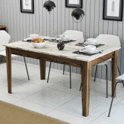 Tavolo Fisso Marrone Noce Bianco Marmo 6 Posti Forma Rettangolare 145x88x75h cm, Peso Supportato 120 kg - Viverone