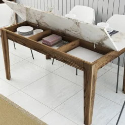 Tavolo Fisso Marrone Noce Bianco Marmo 6 Posti Forma Rettangolare 145x88x75h cm, Peso Supportato 120 kg - Viverone