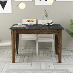 Tavolo Fisso Marrone Noce Nero Marmo 6 Posti Forma Rettangolare 110x72x75h cm, Peso Supportato 120 kg - Zane