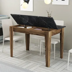 Tavolo Fisso Marrone Noce Nero Marmo 6 Posti Forma Rettangolare 110x72x75h cm, Peso Supportato 120 kg - Zane