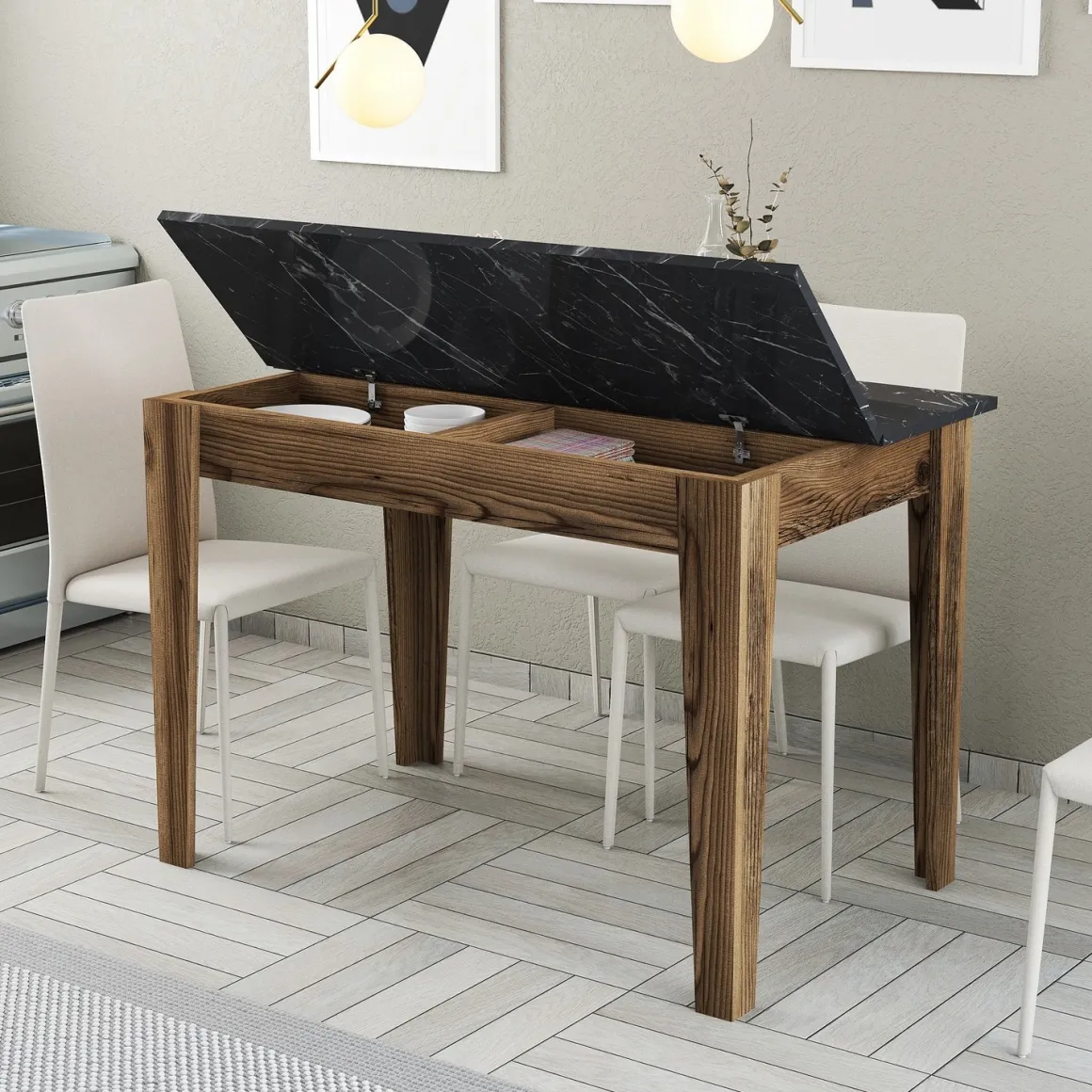 Tavolo Fisso Marrone Noce Nero Marmo 6 Posti Forma Rettangolare 110x72x75h cm, Peso Supportato 120 kg - Zane
