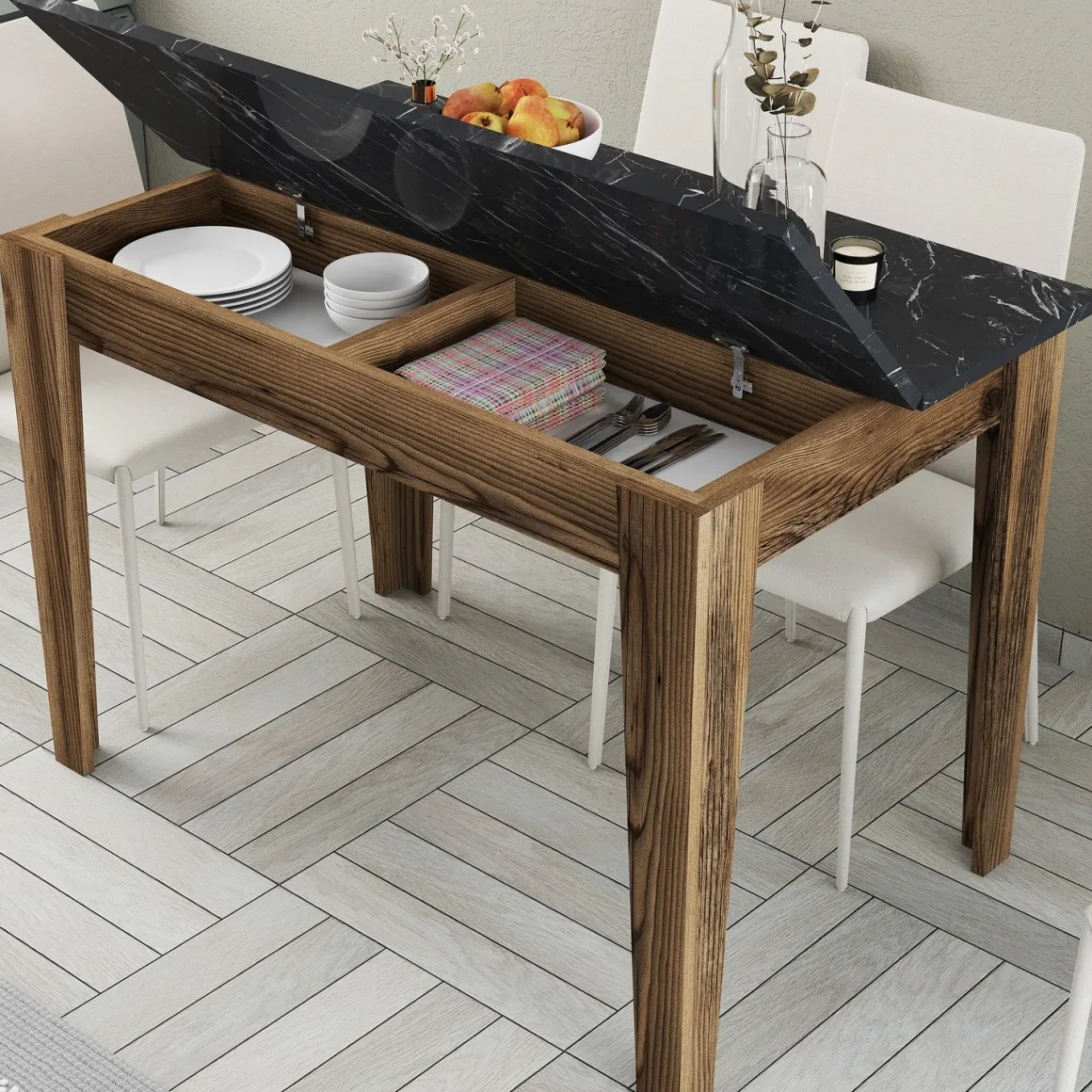 Tavolo Fisso Marrone Noce Nero Marmo 6 Posti Forma Rettangolare 110x72x75h cm, Peso Supportato 120 kg - Zane