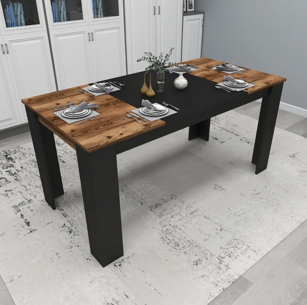 Tavoli Fissi > Dmora Tavolo Fisso Nero Marrone Rovere Nodi 6 Posti Forma Rettangolare 160x80x77h cm, Peso Supportato 120 kg - Veleso Marrone, Nero Rovere Nodi