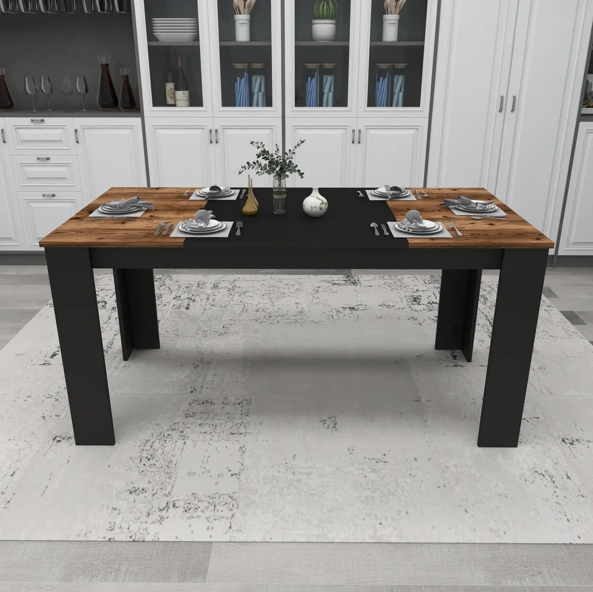 Tavoli Fissi > Dmora Tavolo Fisso Nero Marrone Rovere Nodi 6 Posti Forma Rettangolare 160x80x77h cm, Peso Supportato 120 kg - Veleso Marrone, Nero Rovere Nodi