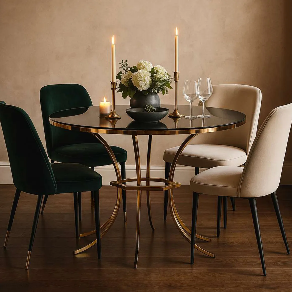 Tavoli Fissi > Dmora Tavolo Fisso Trasparente oro 2 Posti Struttura Intrecciata 70x70x103h cm, Forma Rotondo - Fakari Oro, Trasparente