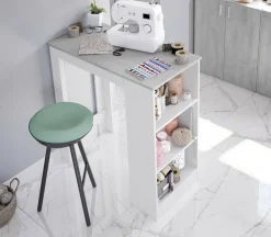 Cucina|Salotto > Dmora Tavolo rettangolare con scaffale 6 posti bianco e cemento 130x50cm - Andreoli Grigio, Bianco Cemento