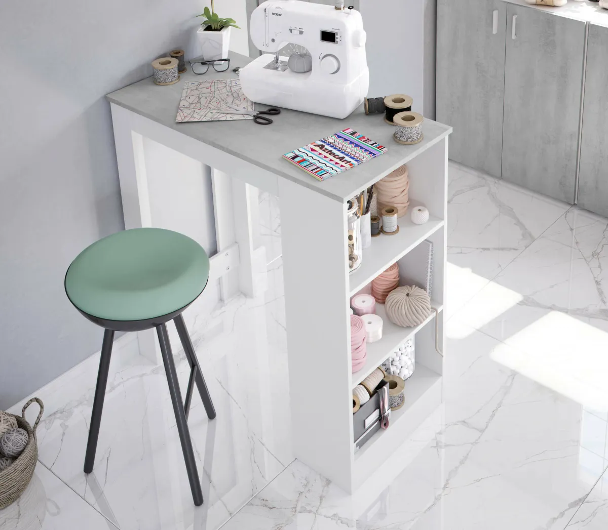Cucina|Salotto > Dmora Tavolo rettangolare con scaffale 6 posti bianco e cemento 130x50cm - Andreoli Grigio, Bianco Cemento