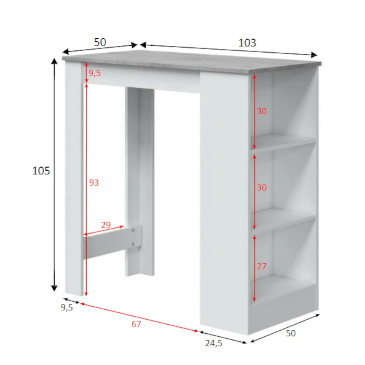Cucina|Salotto > Dmora Tavolo rettangolare con scaffale 6 posti bianco e cemento 130x50cm - Andreoli Grigio, Bianco Cemento
