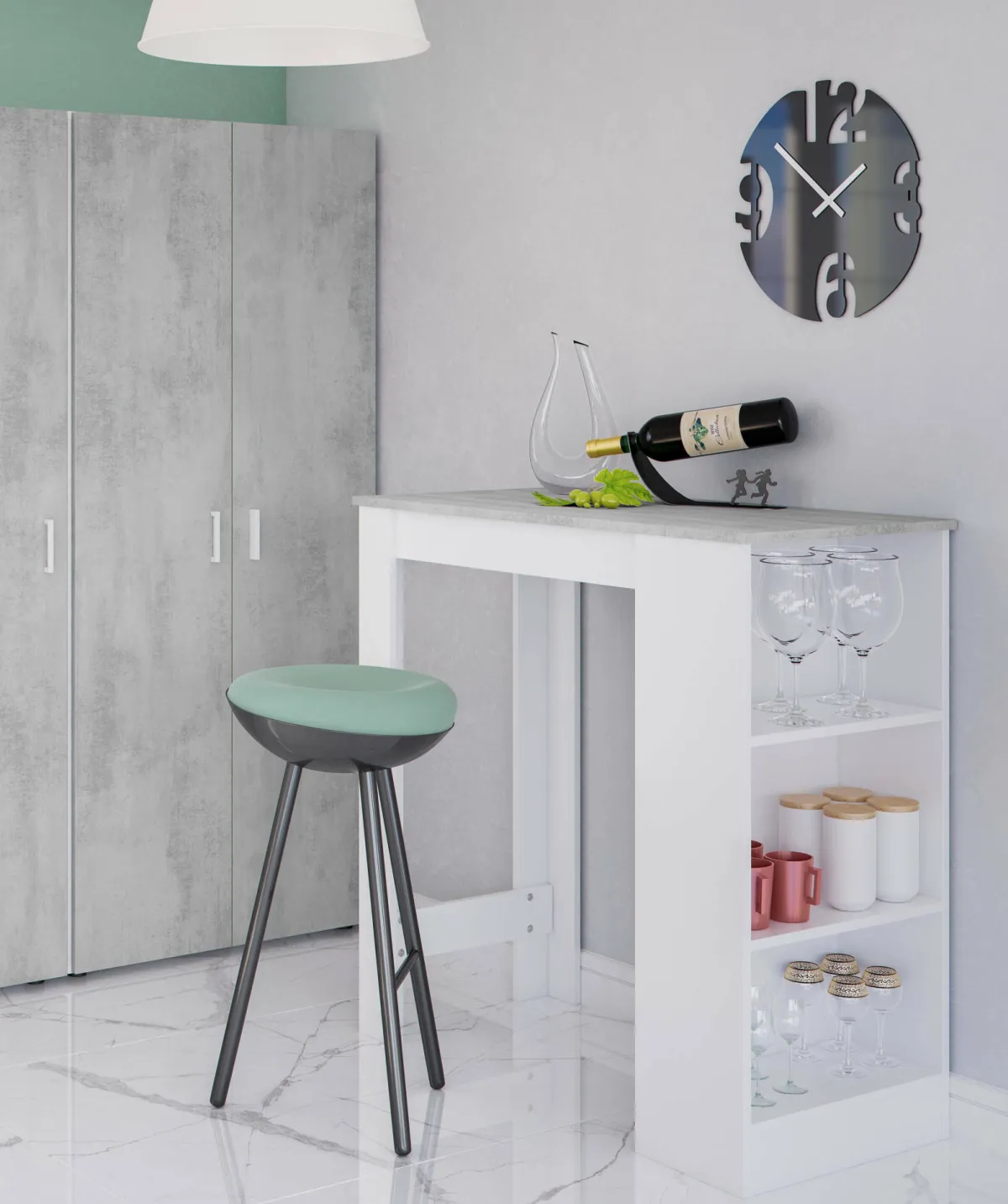 Cucina|Salotto > Dmora Tavolo rettangolare con scaffale 6 posti bianco e cemento 130x50cm - Andreoli Grigio, Bianco Cemento