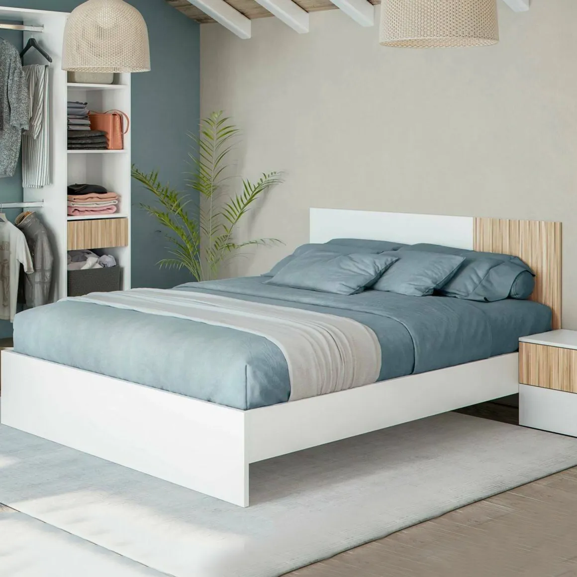 Testiera letto Armony, 266x34h89 cm, Bianco e Rovere