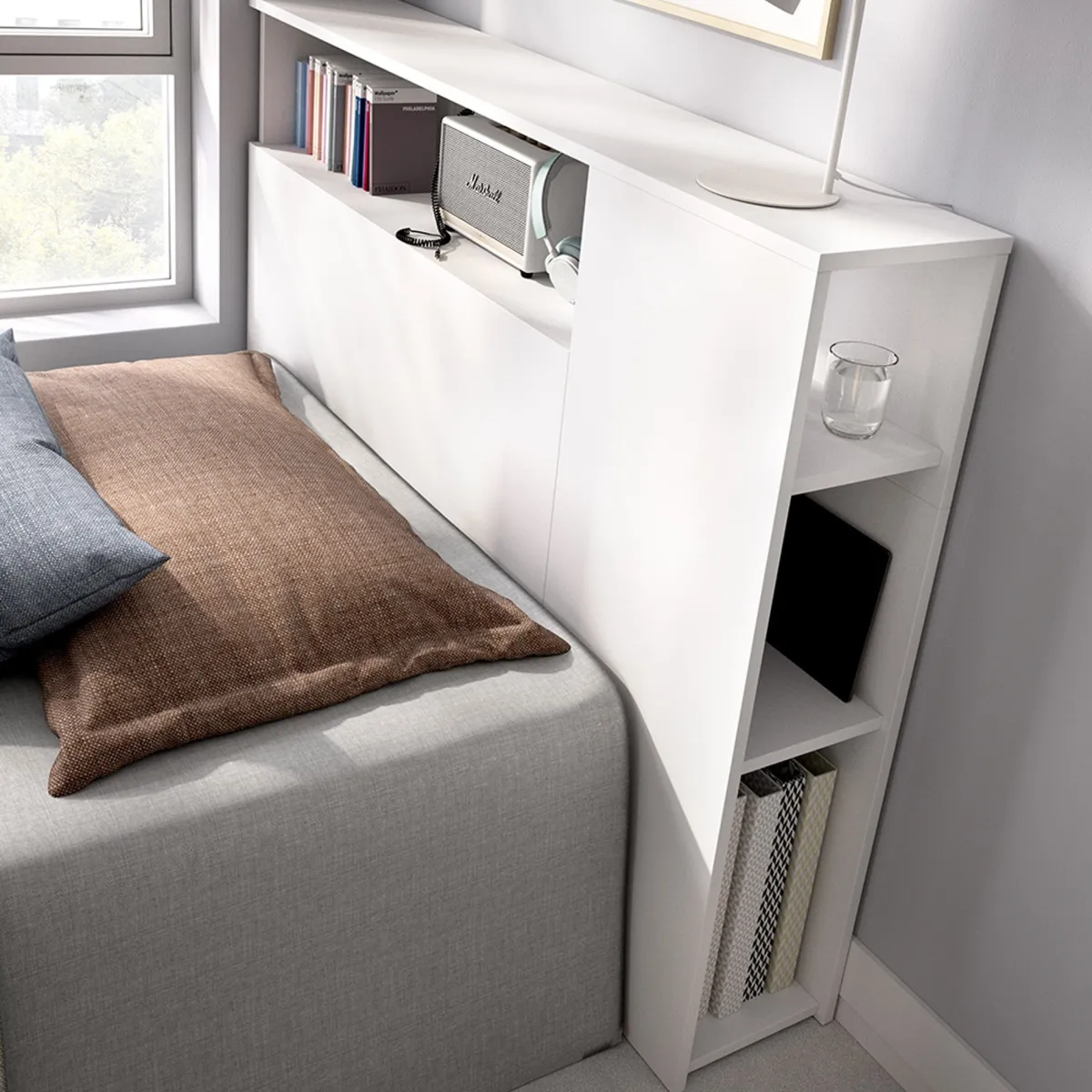 Testiere > Dmora Testiera Letto con Vani Libreria Singolo 23x127 cm - Lander Bianco
