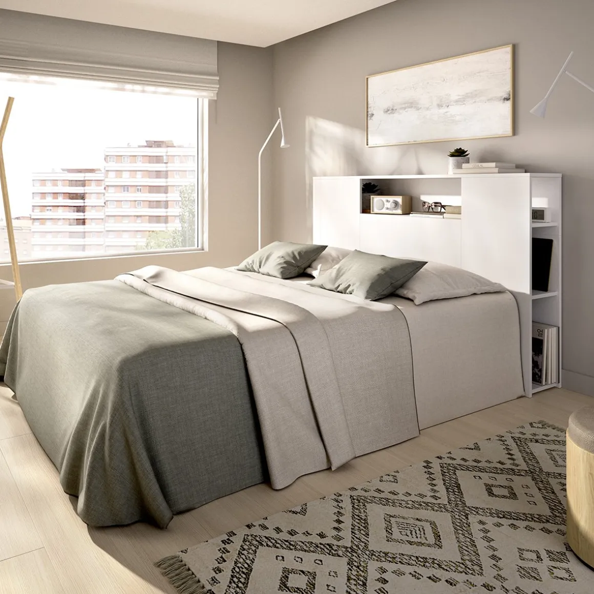 Testiera Letto Bianco Vani Libreria Piazza e Mezza, Matrimoniale 23x157 cm - Bonner