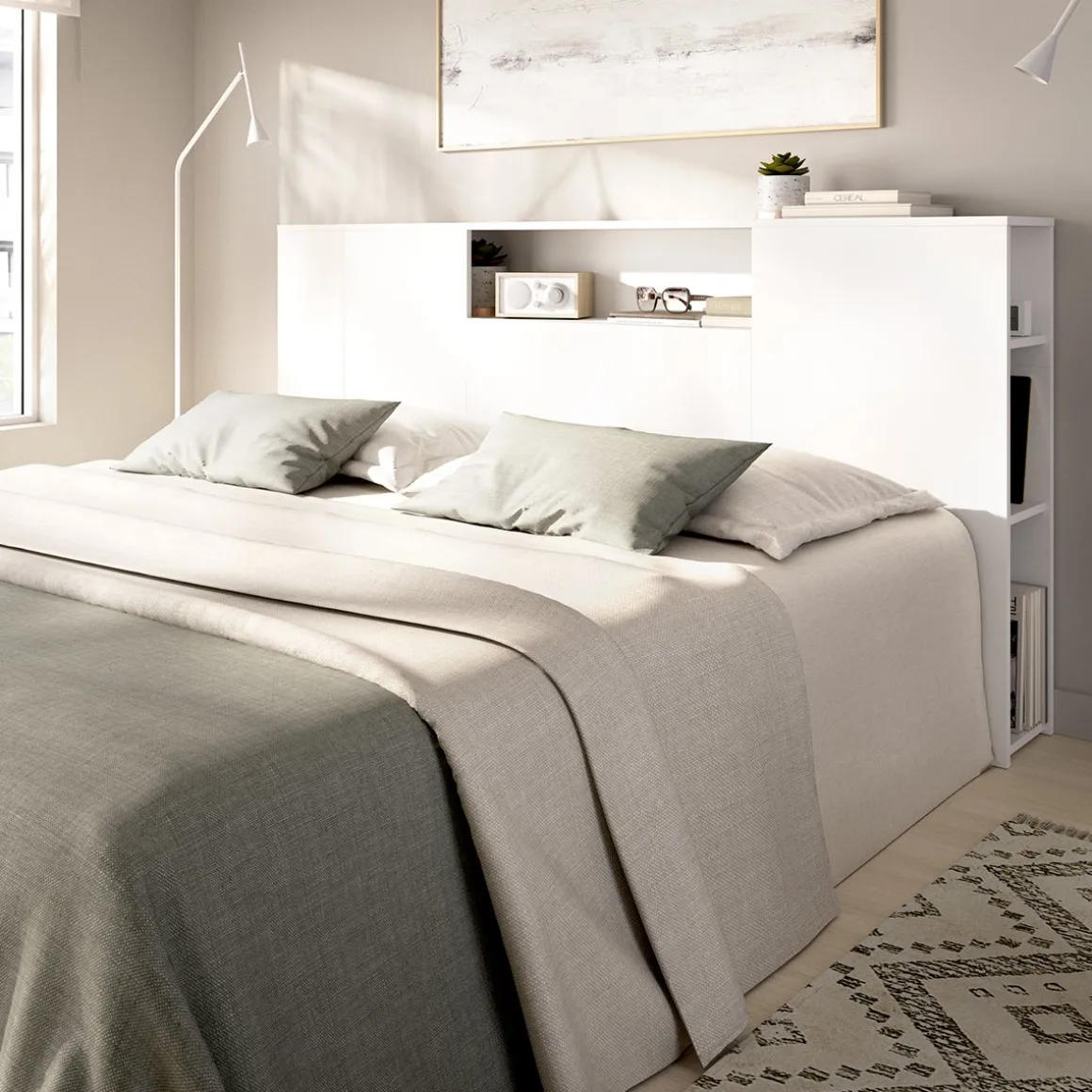 Testiera Letto Bianco Vani Libreria Piazza e Mezza, Matrimoniale 23x157 cm - Bonner