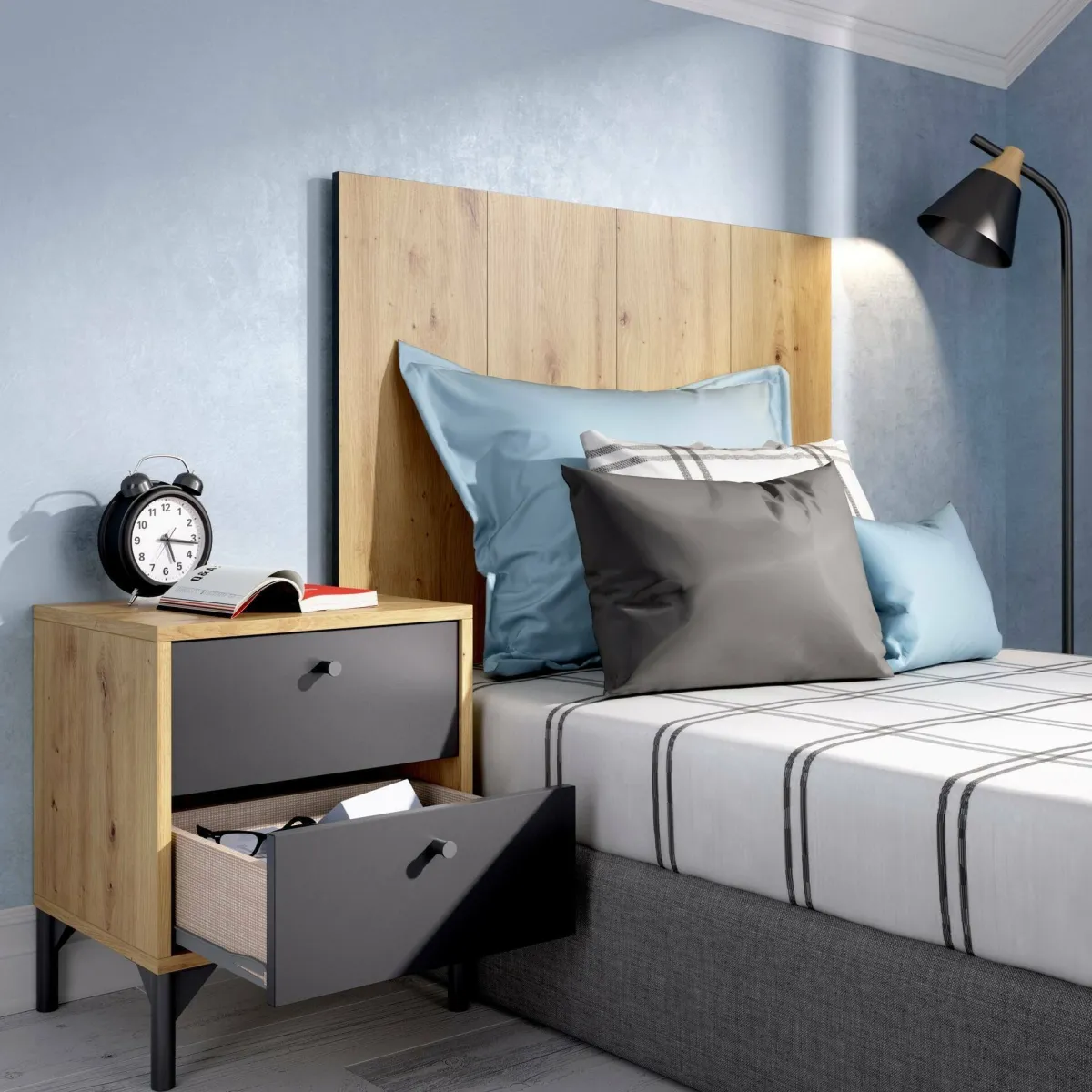 Letti Singoli|Camera Da Letto > Dmora Testiera letto Lily, 99x3h61 cm, Rovere e Antracite Nero, Nero Antracite