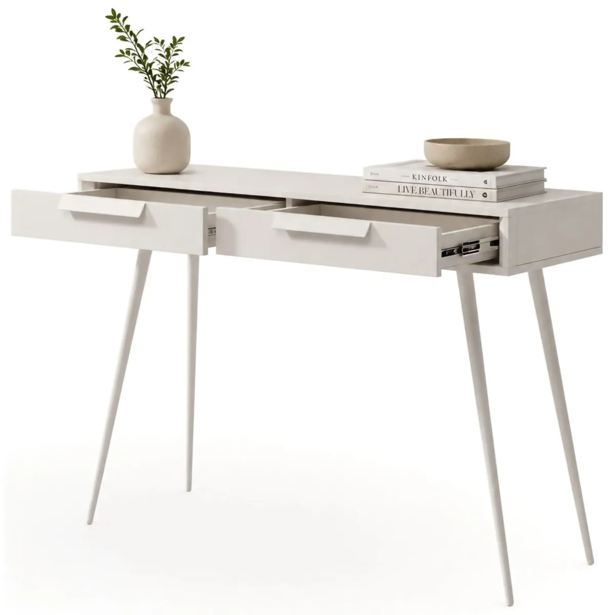 Toelette Trucco > Dmora Toeletta 2 Cassetti Sfumatura Colore Ripiano Cashmere 187x40x52h cm, Materiale Struttura in Metallo - Katilaka Beige Cashmere