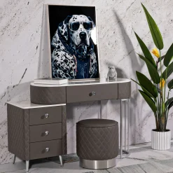 Toeletta Bianco Marmo Grigio Tortora 4 Cassetti Finitura Simil Pelle Trapuntata con Dettagli Argento, top Effetto Marmo 120x40x75h cm, - Tafrao