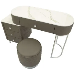 Toeletta Bianco Marmo Grigio Tortora 4 Cassetti Finitura Simil Pelle Trapuntata con Dettagli Argento, top Effetto Marmo 120x40x75h cm, - Tafrao