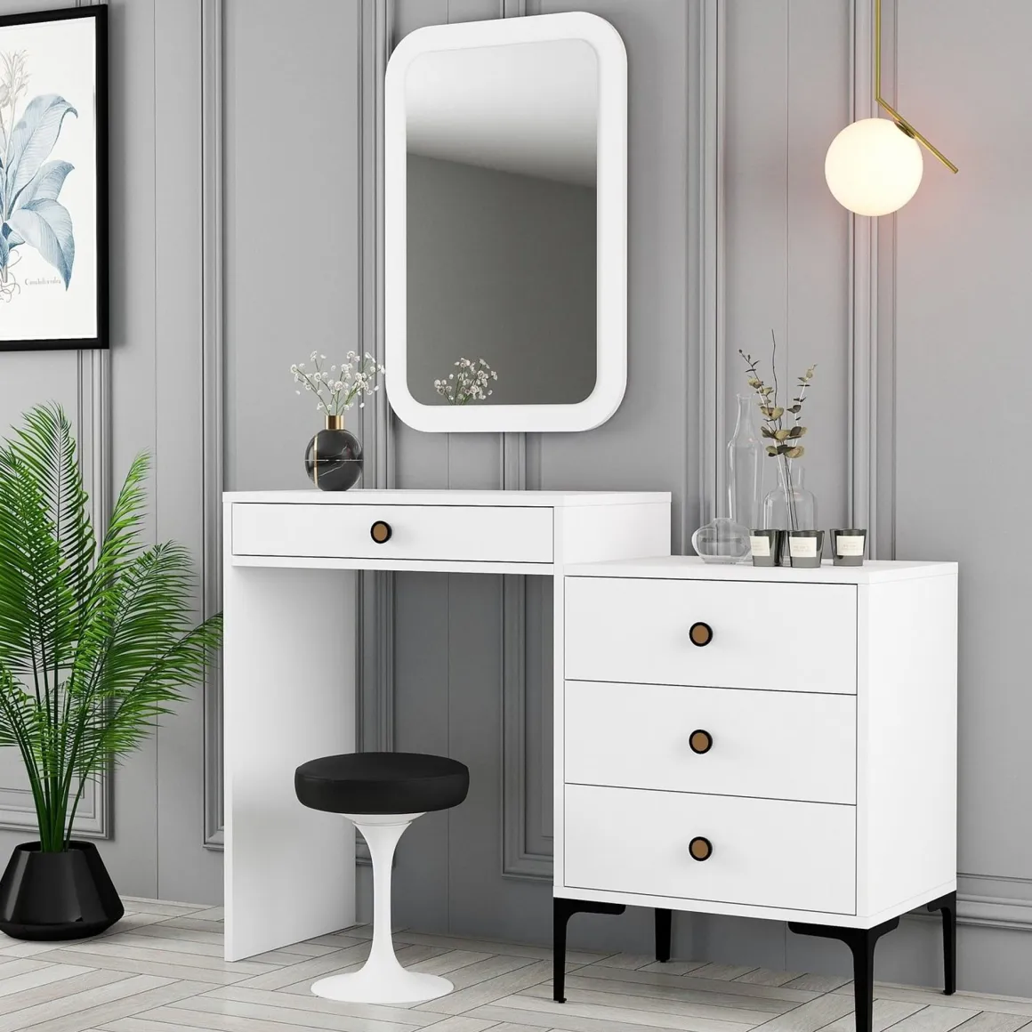 Toeletta Bianco Marrone Noce Specchio Incluso 4 Cassetti 124x40x85h cm, con Piedini - Meltina