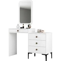 Toeletta Bianco Marrone Noce Specchio Incluso 4 Cassetti 124x40x85h cm, con Piedini - Meltina