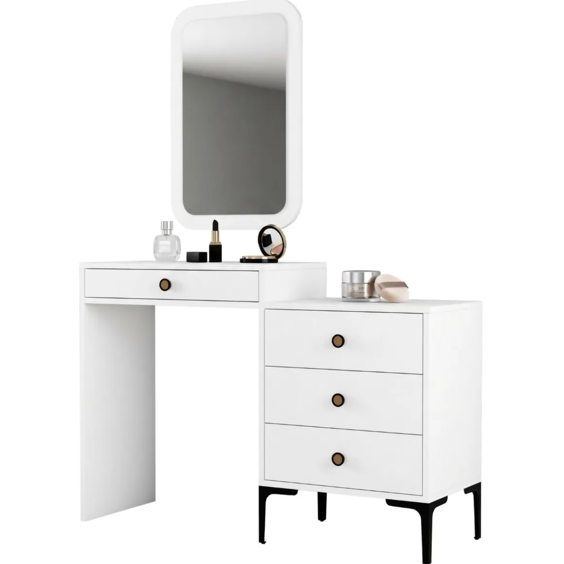 Toeletta Bianco Marrone Noce Specchio Incluso 4 Cassetti 124x40x85h cm, con Piedini - Meltina