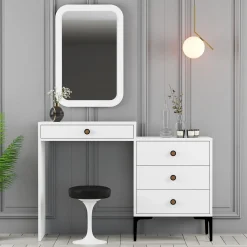 Toeletta Bianco Marrone Noce Specchio Incluso 4 Cassetti 124x40x85h cm, con Piedini - Meltina
