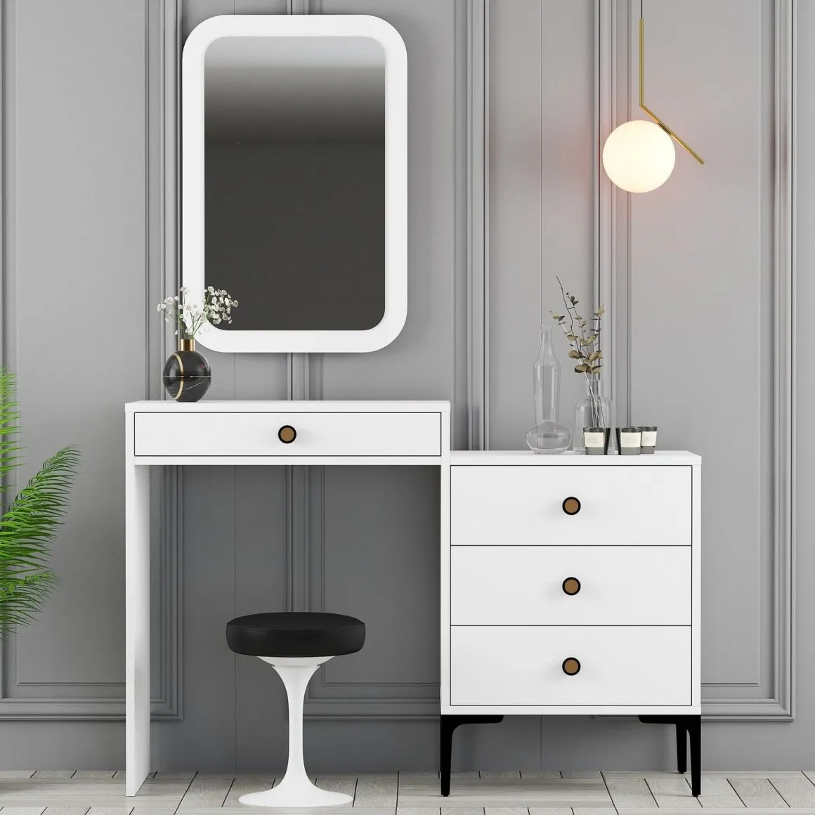 Toeletta Bianco Marrone Noce Specchio Incluso 4 Cassetti 124x40x85h cm, con Piedini - Meltina